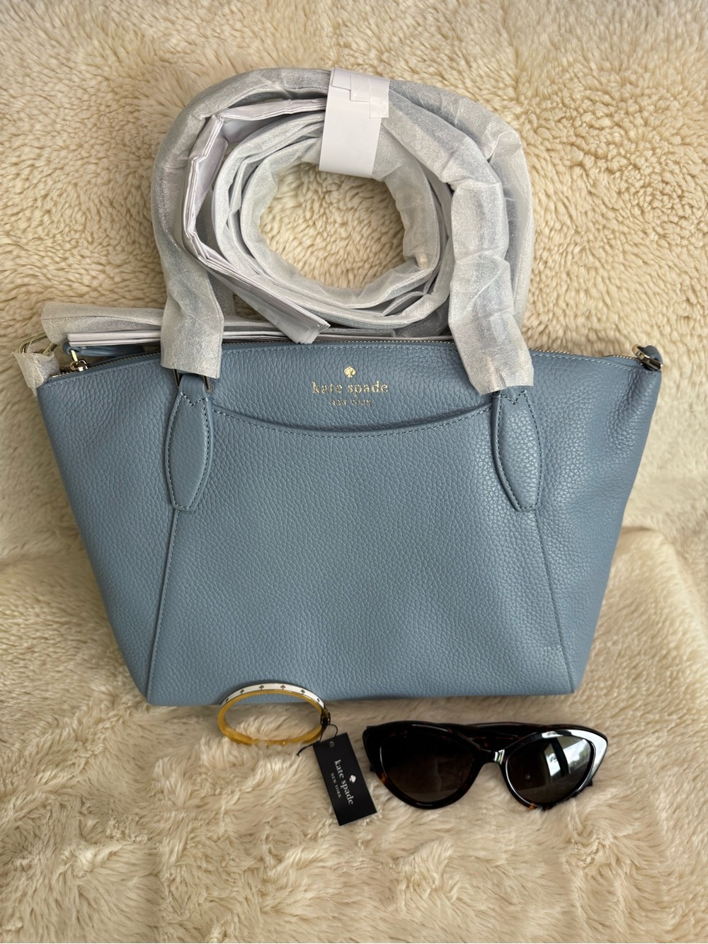 Kate Spade Bundle: Dusty Blue Pebbled Leather Satchel with Sunglasses & Bangle